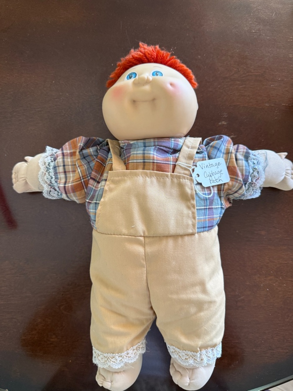 Vintage-Style Plush Doll with Orange Hair and Tan Overalls